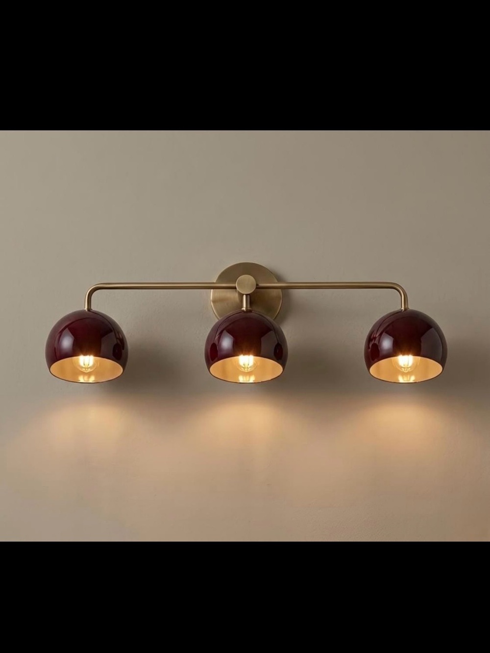 3-Light Brass Wall Sconce with Burgundy Dome Shades